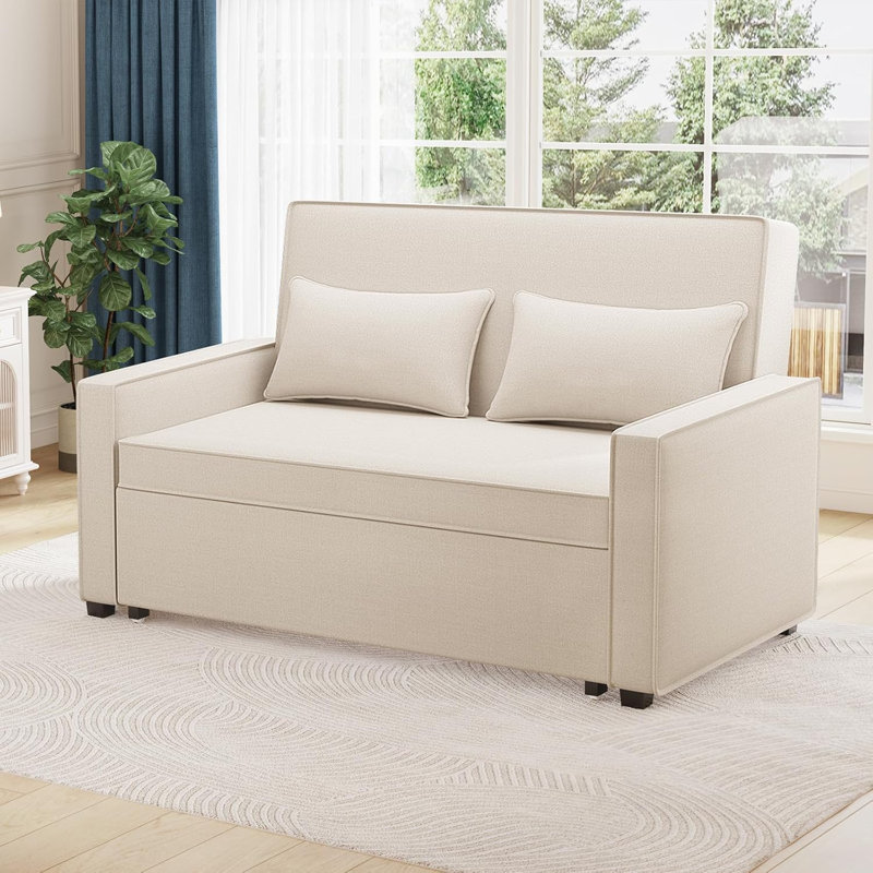 Modern Linen Upholstered Reclining Sleeper Sofa Bed, Beige