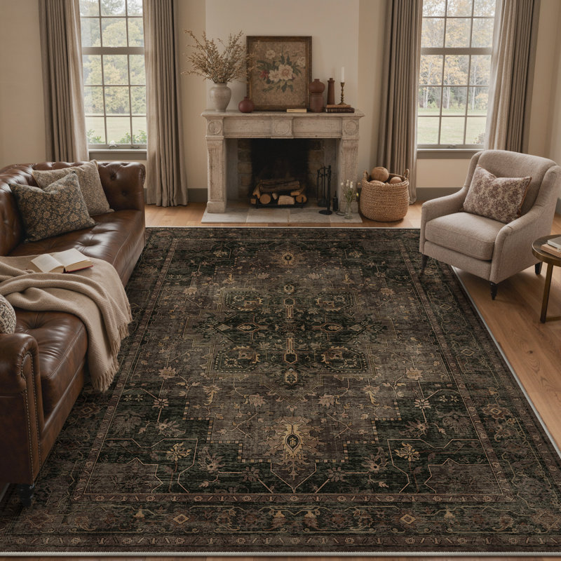 Tapis oriental gris anthracite / chocolat Roehit 9 pi x 12 pi, lavable à la machine, Rectangle 9 pi x 12 pi