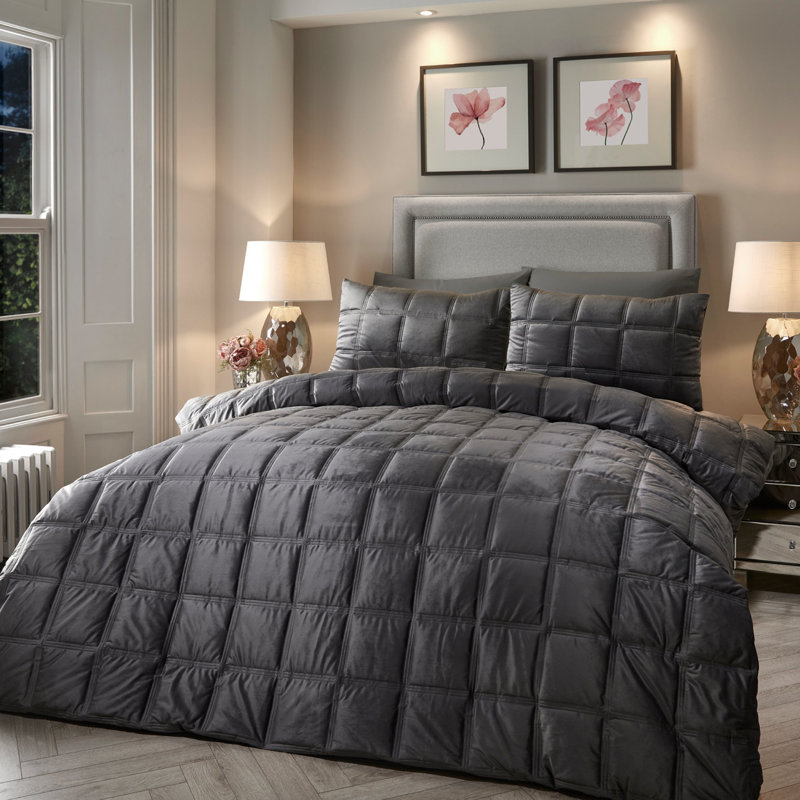 Brighton Square Velvet Geometric Shapes Duvet Cover Set with Pillowcases Included, Kingsize - 2 Standard Pillowcases, Slate