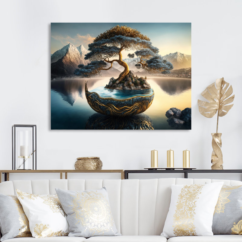 Bonsaï doré - décoration murale moderne en métal, H 24 po x l 32 po x P 1 po