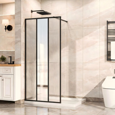34" W x 72" H Fixed Shower Door 3-Panel Design Walk-in Shower Screen with Center Mirror & Fluted Pattern 1/5" Tempered Glass Panel Matte Black