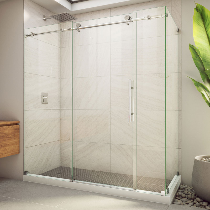 72.38" W x 34.5" D x 76" H Frameless Rectangle Sliding Shower Enclosure, Polished Stainless Steel