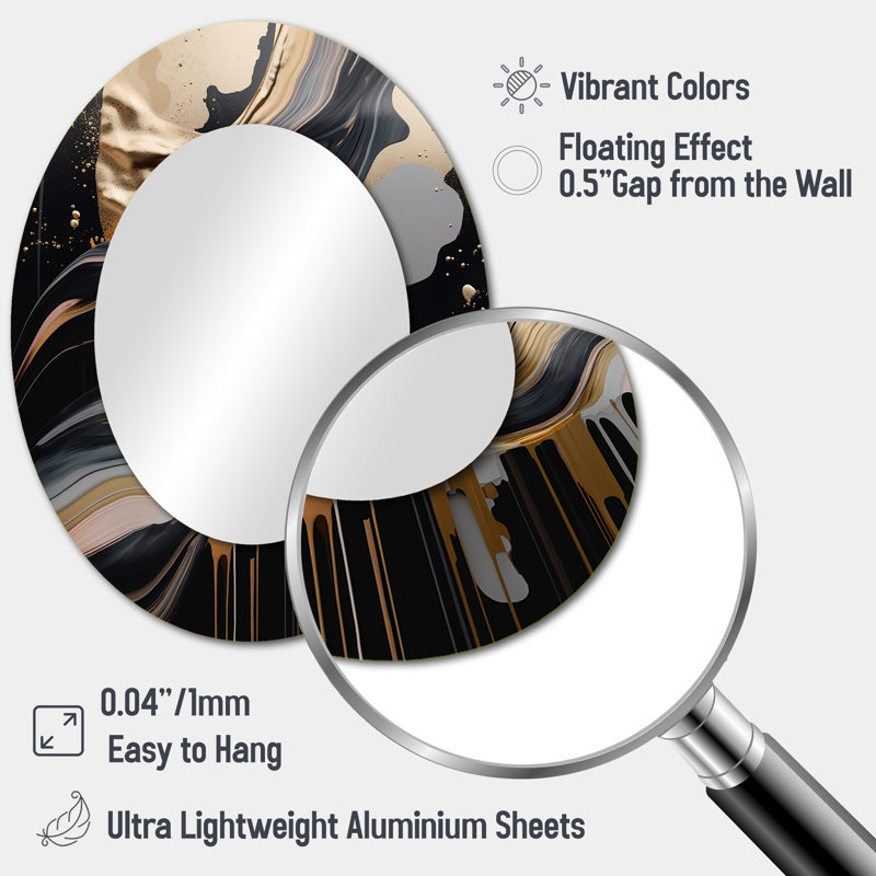 Gold And Black Marbled Euphoria III - Gold Oval Wall Mirror Decor, 43" x 33"