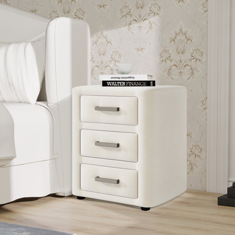Table de chevet 3 tiroirs en velours, Beige