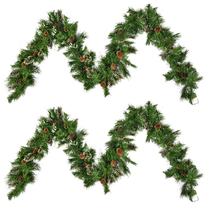  Guirlande 9 pi Pinecone, manteau de Noël artificiel et décoration d'escalier avec guirlandes lumineuses, ensemble de 2, vert