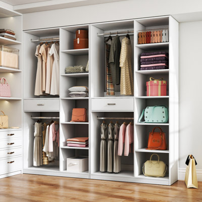 Freestanding Closet System,  Standalone Wardrobe With 6 Open Shelves,74.8'' Heigh Closetwith 1 Wood Drawers, Wood Walkin Closet With 2 Hanging Rod, White