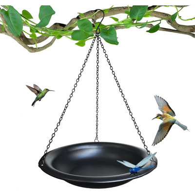 11.5 Inch Matte Black Metal Hanging Outdoor Bird Bath Bowl | Comes with 15.5 in rust-proof chains & magnetic dragonfly, weather-resistant decor for garden & backyard