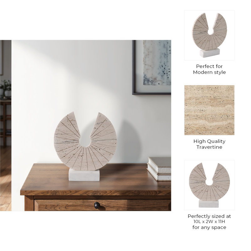 Sagebrook Home 11X10" Travertine Open Circle On Marble Base, Tan