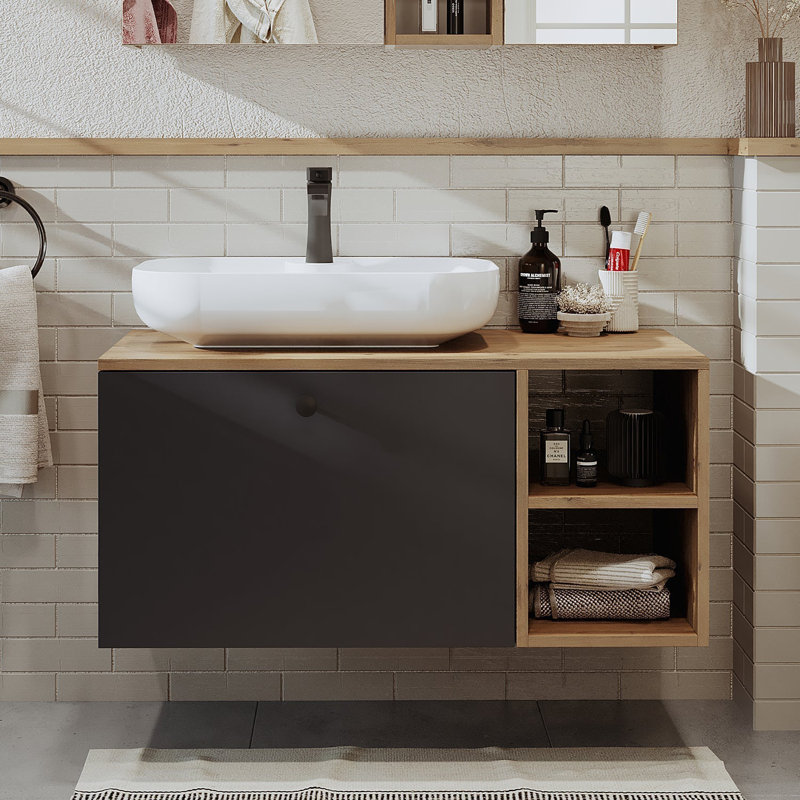 Rosaliyah Bathroom Vanity Unit with Ceramic Washbasin 95cm,  Anthracite/Oak