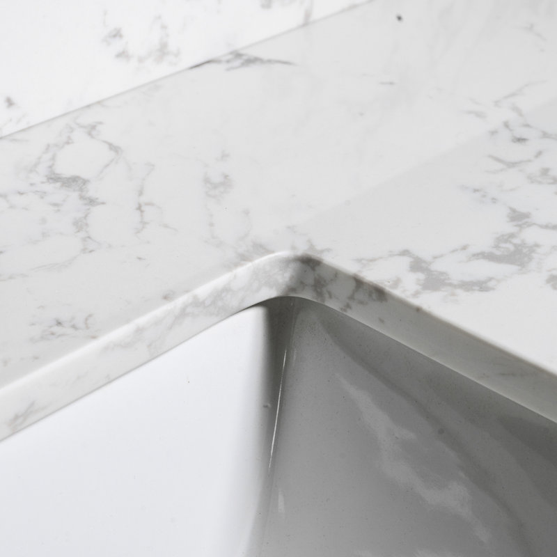 Plateau de meuble-lavabo 43 x 22 po avec marbre blanc - pierre d'ingénierie, lavabo encastré en céramique et dosseret en pierre