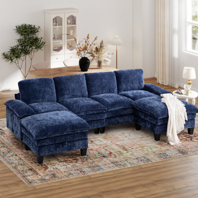 Elanora 122"W Spacious Sectional Sofa With Dual-Layer Cushions & Ottomans