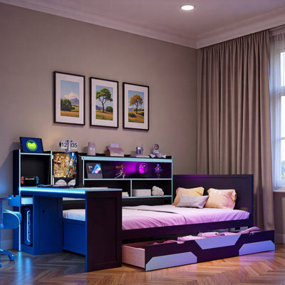 Lit de jour Modern Gaming avec bureau intégré, bandes lumineuses, station de charge intégrée, 3 tiroirs de rangement et tablettes de rangement