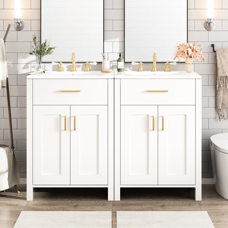 Meuble-lavabo autoportant de 48 pouces avec deux lavabos en céramique, une porte à fermeture en douceur et des poignées dorées pour une mise à niveau pratique avec structure en bois massif, finition peinte, tiroir rabattable