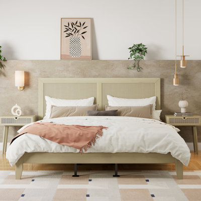 Très grand lit, cadre de lit en bois naturel, tête de lit tissée, fabrication en caoutchouc, lattes silencieuses pour un sommeil tranquille, instructions solides à finition solide, lattes à haute densité, conception à profil bas, détachable