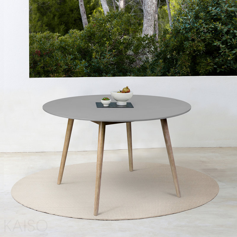 Table de salle à manger d'extérieur ronde en eucalyptus clair et pierre grise