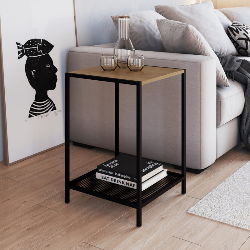 Rendy Brown Side Table Black Iron Legs Mesh Shelf Storage