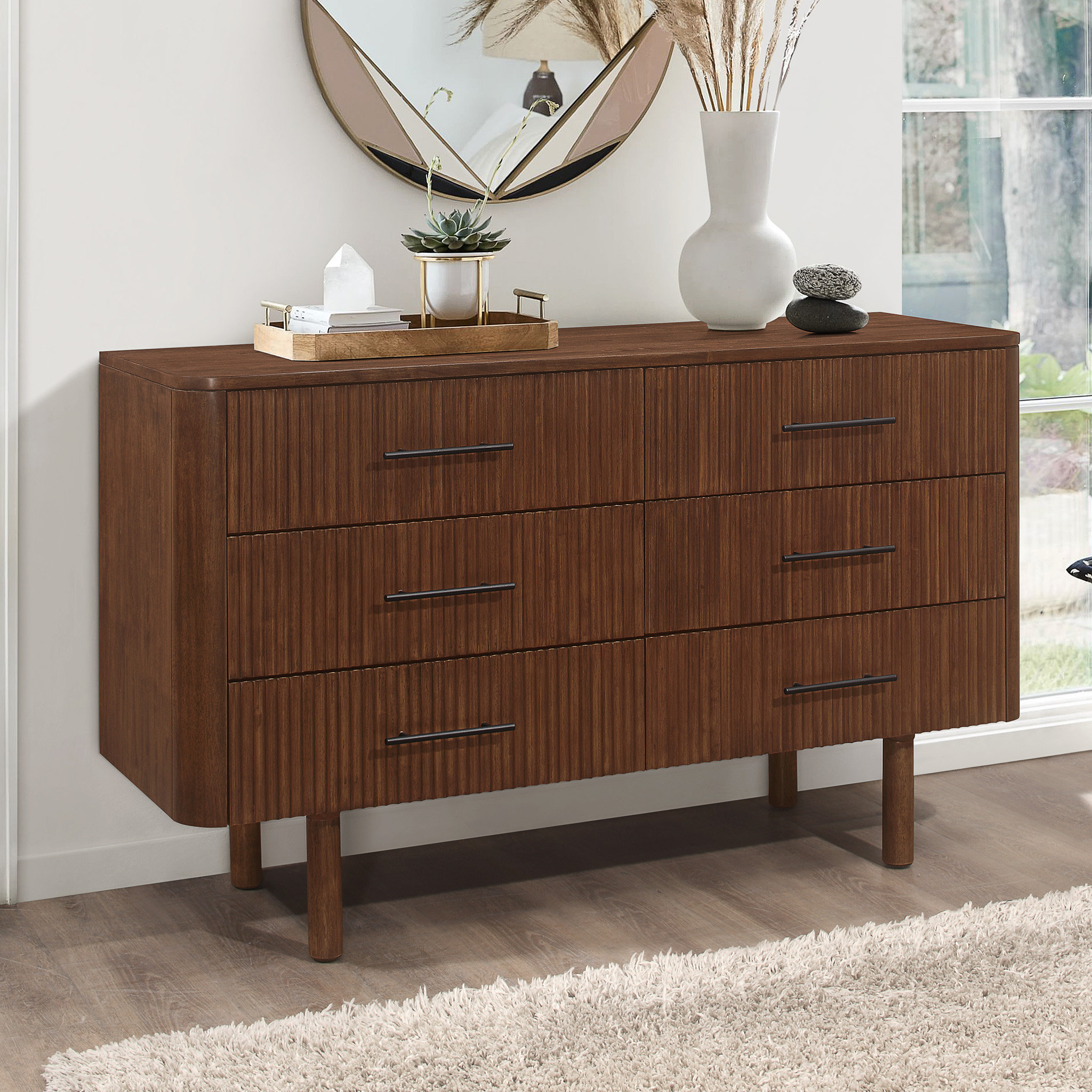 Furniture of America Olala 6-Drawer Light Walnut Dresser with Mirror (72.88 in. H x 58 in. W x 15.5 in. D)