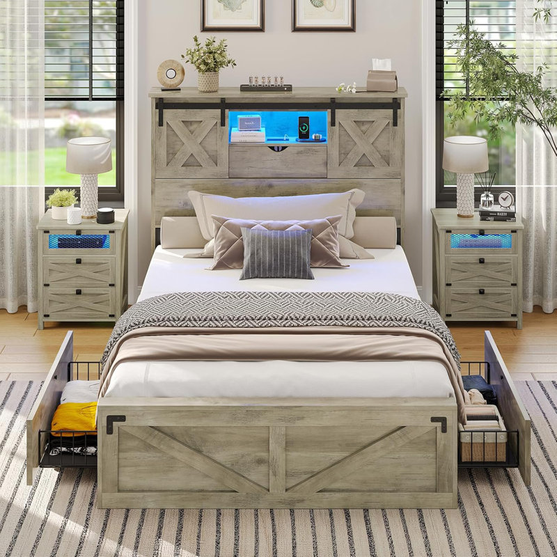 Farmhouse Bed Frame Twin Size With Led Lights And Charging Station, Wooden Platform Twin Bed With 2 Storage Drawers, Rustic Accent Headboard With Sliding Barn Door Storage Cabinets