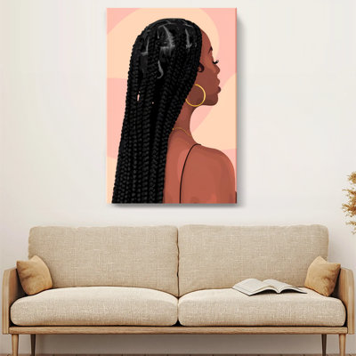 Black Woman Portrait Gallery Wrapped Canvas Wall Art, Braided Hair and Gold Hoop Earrings Digital Illustration Print, Modern Cultural Wall Decor for Bedroom Living Room Office, Ready to Hang