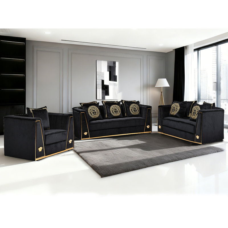 3-Piece Velvet Sofa Set With Gold Metal Legs & Pillows For Living Room, Black