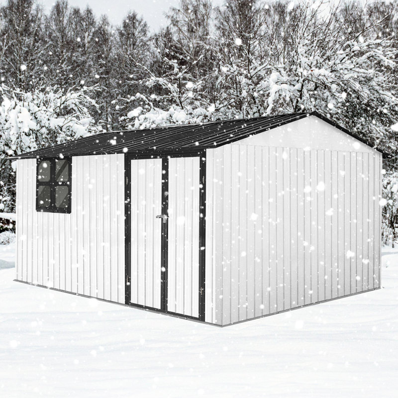 12Ftx10ft Outdoor Metal Storage Shed, White + Black, Apex Roof, Integrated Vents, Hinged Door And Heavy - Duty Padlock, Easy Assembly Process Garden Roof Design, For Customization, Sun Complimentary