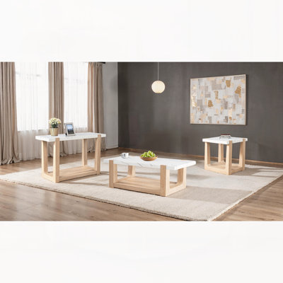 Ensemble de table moderne 3 pièces de style contemporain 1 table basse 1 table de bout 1 table de canapé avec plateau en faux marbre et finition bicolore naturelle et blanche