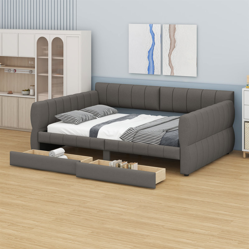 Upholstered Platform Bed With USB And 2 Drawers, Gray
