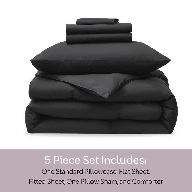 Soft Microfiber 5 Piece Comforter Set with Sheets, Black, Twin Extra Long Comforter + 4 Additional Pieces