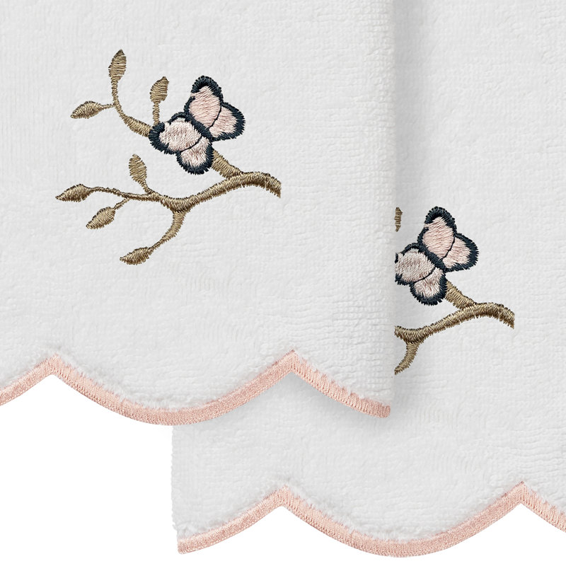 Ensemble de serviettes 100% coton Teresa, Blanc / Rose, Ensemble de 2 serviettes en bout de doigt