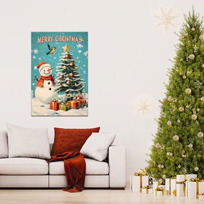 Grande impression d'art sur toile, arbre de Noël rétro, bonhomme de neige rétro, affiche de paysage d'hiver, impression de cadeau de vacances, impression sur toile pour salon, chambre à coucher, 24 po x 32 po