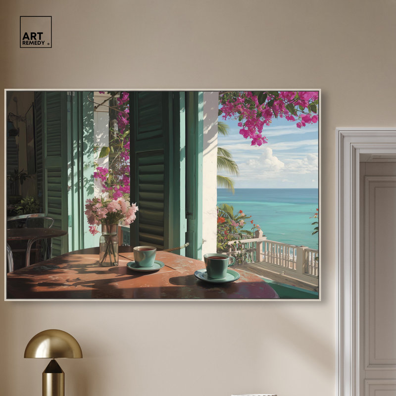 «Morning Coffee Ocean View», impression sur toile encadrée par Art Remedy, cadre argenté, 54 x 36, 37"H x 55"W, Silver Frame