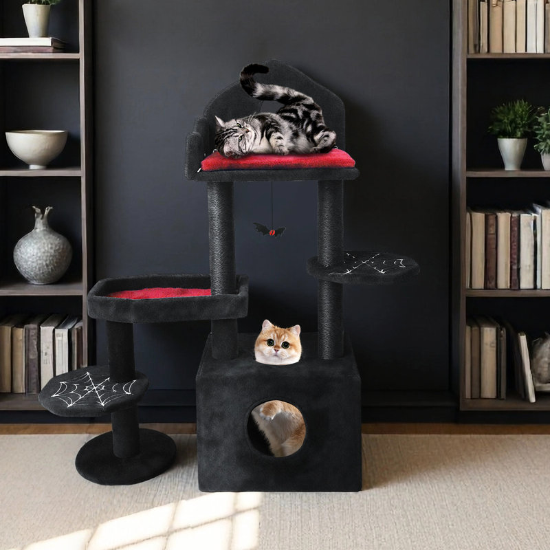 Arbre à chat de style noir avec forme de maison, espace de repos confortable et meubles à griffes renforcés avec coussin moelleux