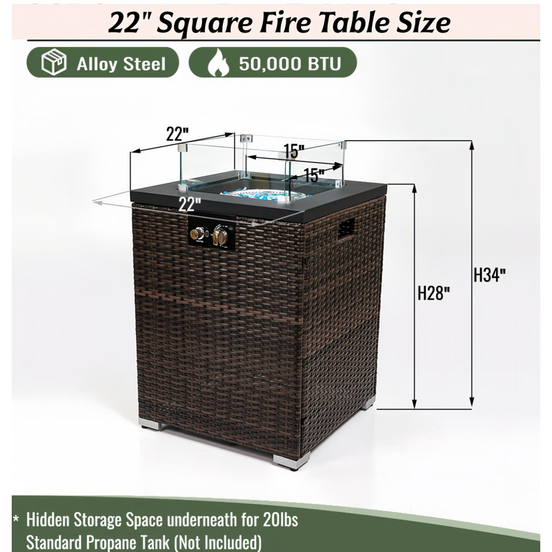 Table carrée 22 po avec foyer au gaz propane en acier avec belle base en osier et foyer extérieur pour terrasse