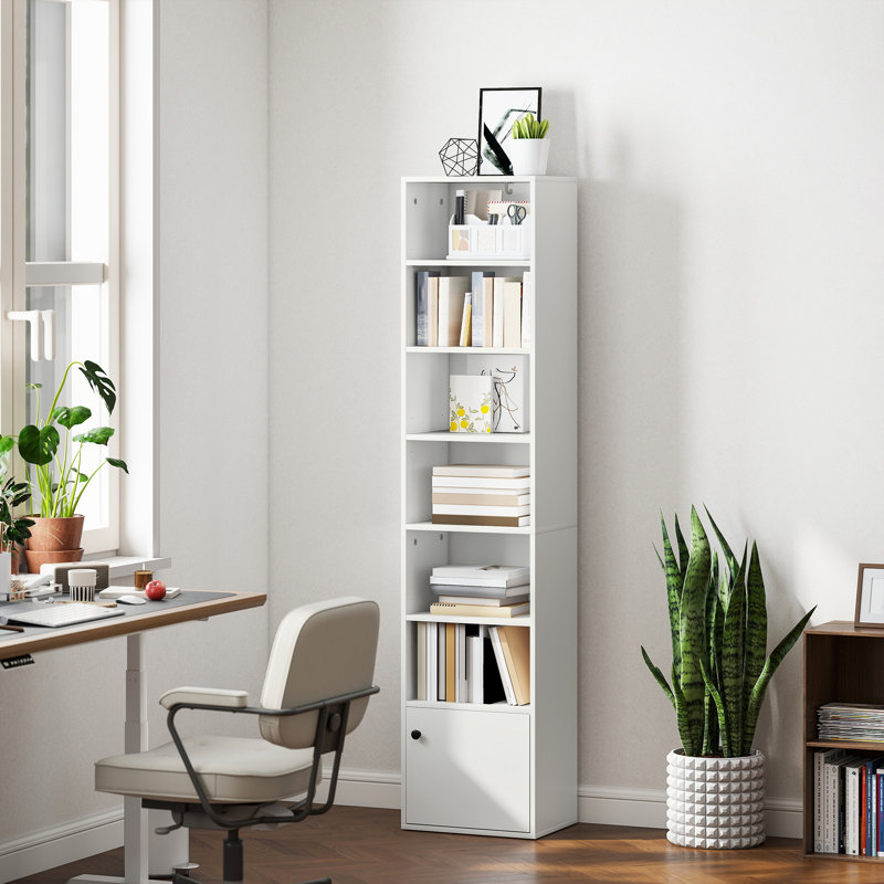 Bibliothèque à 7 niveaux avec tablette réglable et armoire, blanc