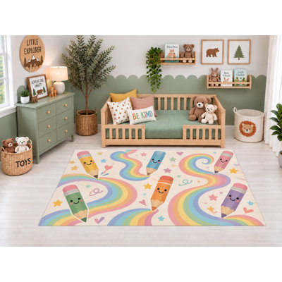 Tapis d'intérieur ultramince 152 x 213 cm à motif crayons arc-en-ciel, idéal pour la chambre d'enfant, la garderie, la salle de classe et la salle de jeux. Doux et à poils courts, avec revêtement antidérapant en silicone.