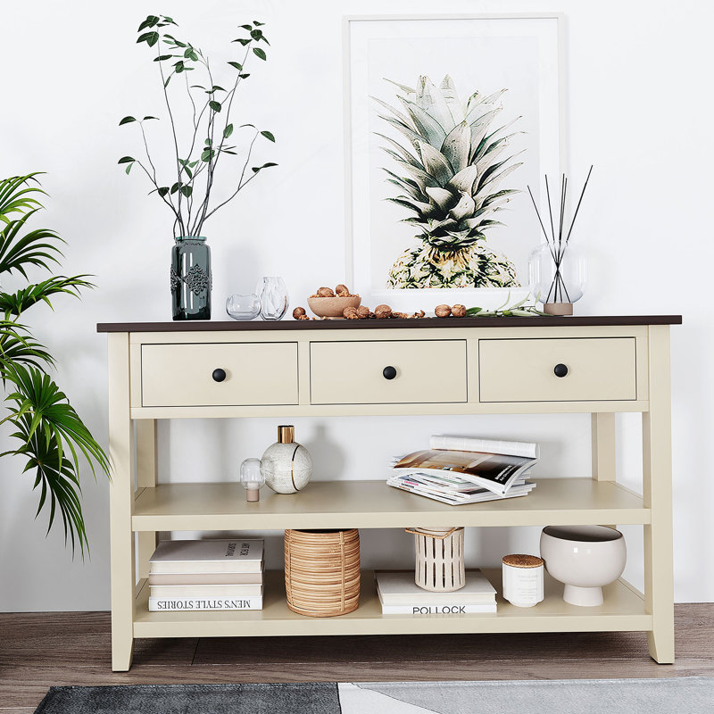 Console rétro avec deux tablettes ouvertes, structure en bois de pin massif et pieds pour le salon (espresso et beige), Beige