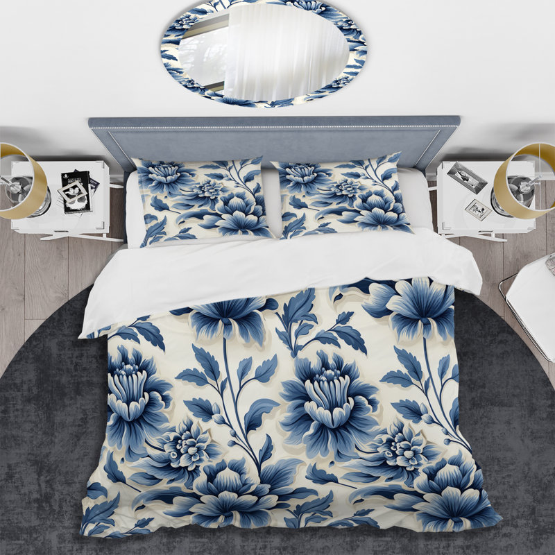 Ensemble de housse de couette damassé Serenity I - damassé bleue, Housse de couette simple + 1 taie décorative stan