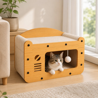 Maison de chat moderne en bois avec patin à griffer, chatière à deux cachettes avec boules de jouets interactives