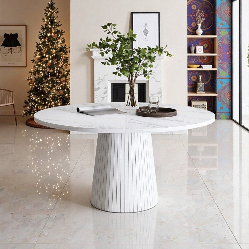 Table de salle à manger ronde en panneau de fibres à densité moyenne de 47 pouces avec plateau et base en placage de marbre