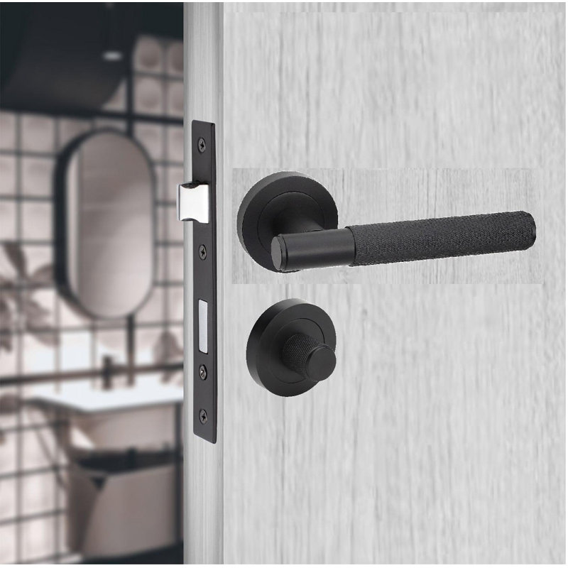  Knurled T-Bar Bathroom Door Handle Set in Matt Black with Thumbturn, Dead Bolt and Ball Bearing Hinges