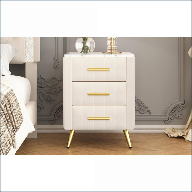 Table de chevet rembourrée beige à 3 tiroirs Plateau marbré