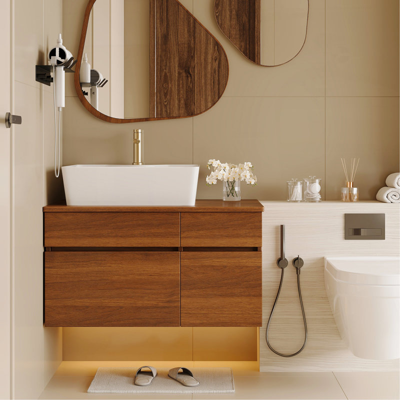 Petit meuble-lavabo flottant simple 31,5 pouces avec lavabo, Noyer