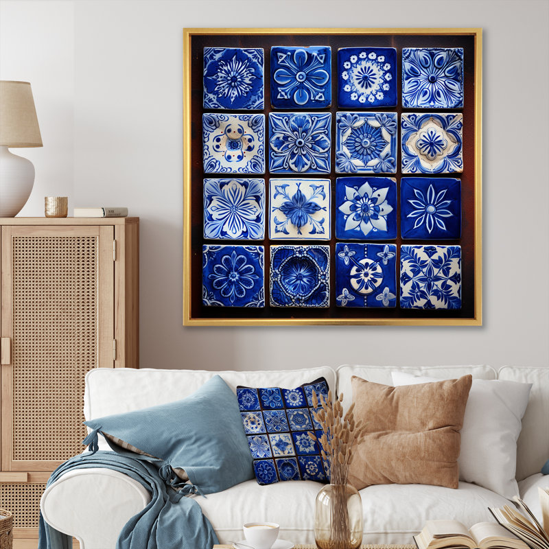 Boho Turkish Blue Tiles 3 - Boho Tiles Wall Art, 36" H x 36" W, Gold