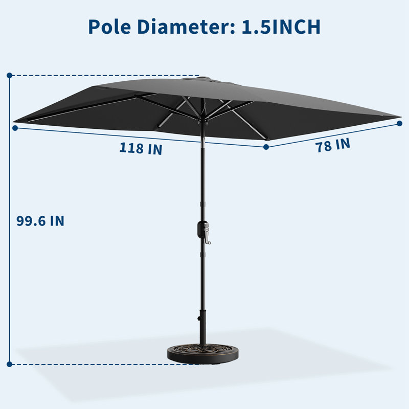 Parasol de marché rectangulaire de 10 pi x 6,5 pi avec manivelle et inclinaison bidirectionnelle, gris, Gris