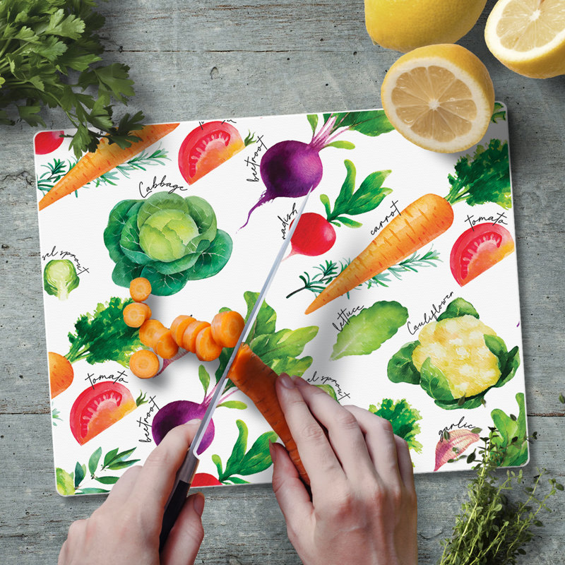 Colorful Veggies Tempered Glass Rectangular Cutting Board, 10" x 8"