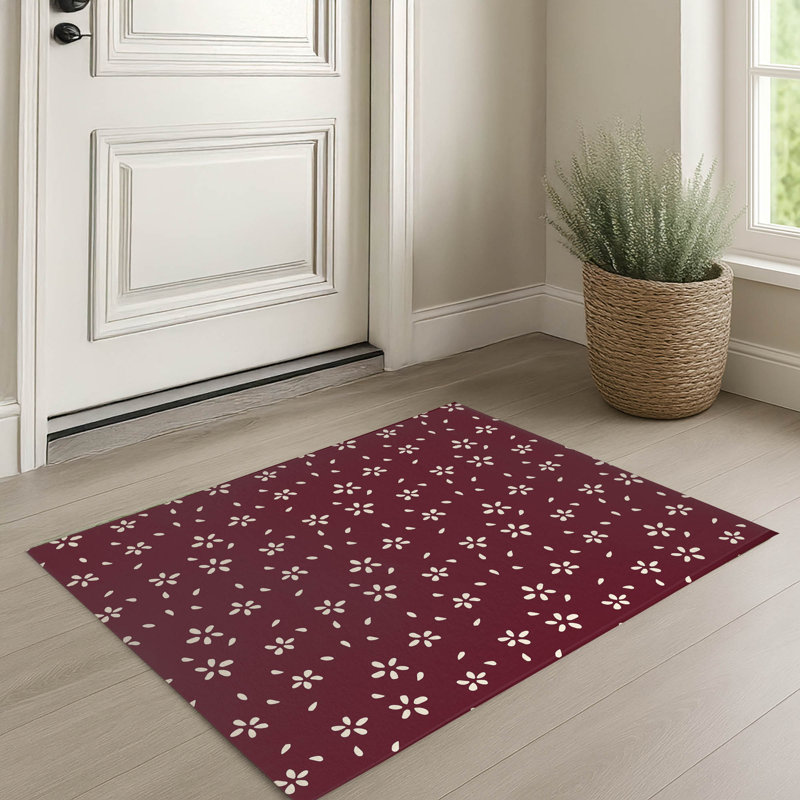 Tapis d'entrée d'intérieur ultra fin, léger et antidérapant à motifs de pétales, Wine, L 36 po x L 60 po