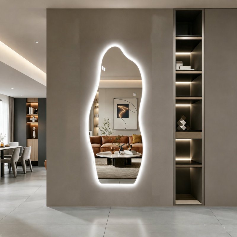 Miroir mural pleine longueur 65 po x 25 po à DEL, miroir de forme irrégulière en verre trempé de forme organique avec éclairage réglable, miroir décoratif moderne pour vestibule de chambre à coucher