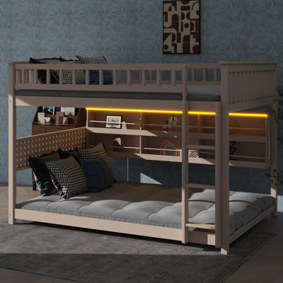 Full Over Full Bunk Bed With Built-In Shelving, Adjustable Lights And Perforated Board