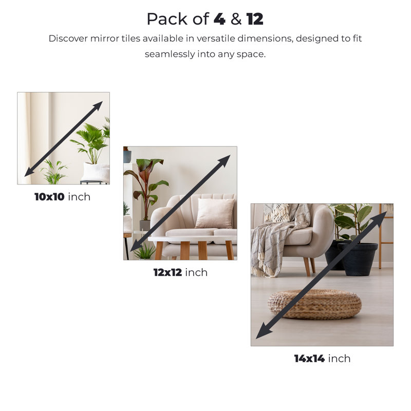 Mirror Tiles for Wall -14"x14" Pack of 12 - Full Length Frameless Wall Mirror, Full Body Home Gym Mirror, Self Adhesive Stick On Mirror Tiles