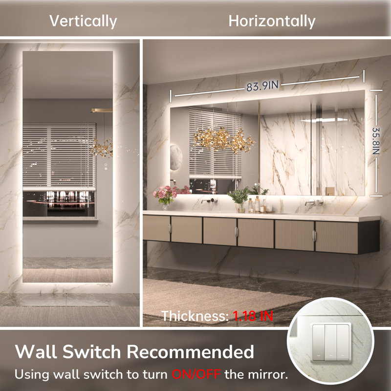 Adorna Dimmable Backlit LED Vanity Mirror with Anti-Fog, 36" x 84"